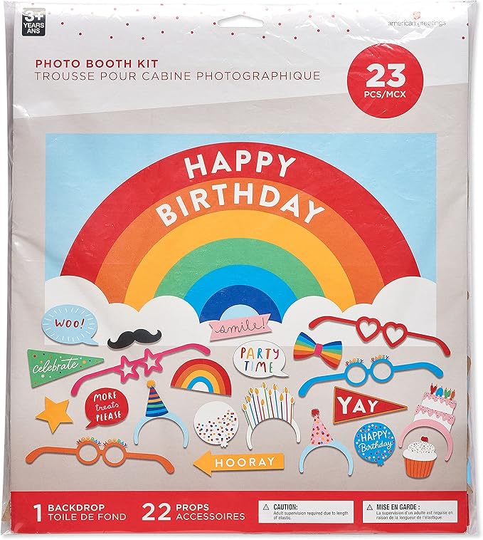 American Greetings Rainbow Birthday Party Supplies, Photo Booth Kit (32-Pieces)