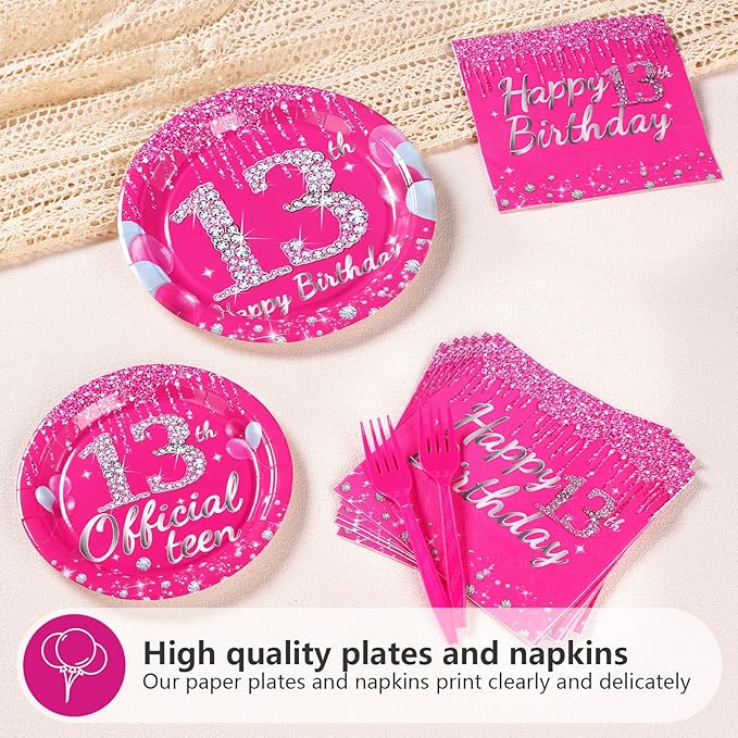 96 Pcs 13th Birthday Party Supplies Disposable Hot Pink 13 Plates and Napkins Tableware Set 13th Birthday Decorations for Girls Thirteen Official Teenager Happy 13 Years Old birthday Party Serves 24