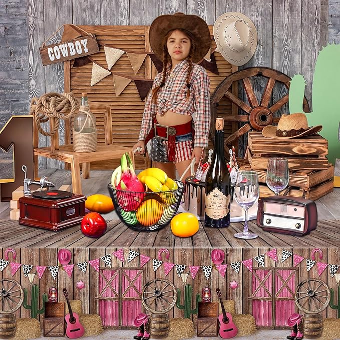 Tiamon 3 Pieces Western Party Tablecloth Cowgirl Table Cover Pink Western Cowgirl Plastic Tablecloth Disposable Wild West Table Cover for Baby Shower Birthday Party Supplies, 54 X108 Inch