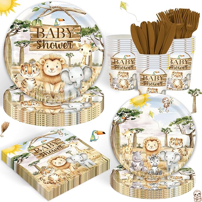 120 Pcs Safari Baby Shower Decorations Jungle Disposable Paper Plates Napkins Cups Themed Party Decorations Wild Animal Party Supplies