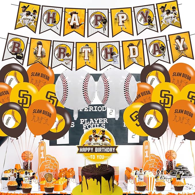 Baseball Team San-Diego Party Decorations,Birthday Party Supplies For Baseball Team San-Diego Party Supplies Includes Banner - Cake Topper - 12 Cupcake Toppers - 18 Balloons