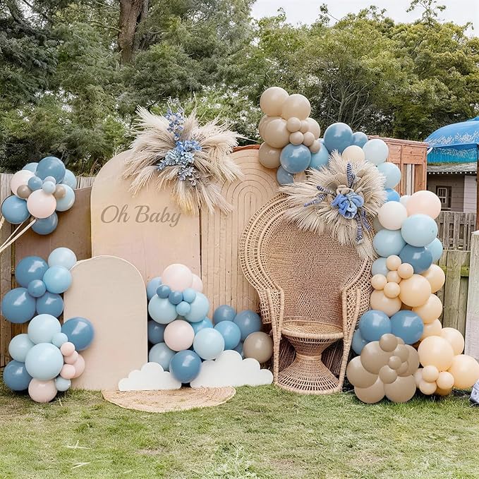 Dusty Blue Neutral Balloons, 12Inch Retro Blue Boho Apricot Latex Balloons, Double Stuffed Nude White Party Balloon for Boho Baby Shower Boys Birthday Wedding Bear Theme Newborn Welcome Party Decor