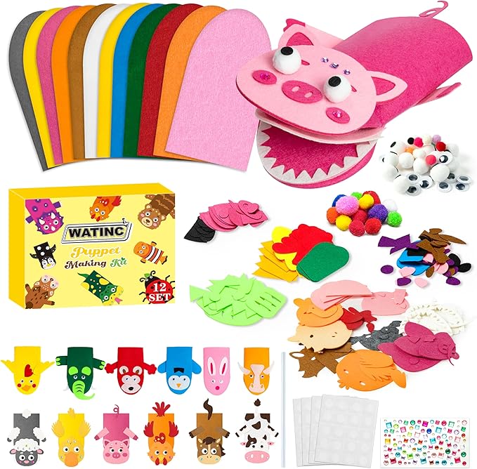 WATINC 12Pcs Hand Puppet Making Kit, Art Craft Felt Sock Puppet Toys, Creative DIY Make Your Own Pompoms Wiggle Googly Eyes Storytelling Role Play Party Supplies Gift for Girls Boys (Animals Farm A)