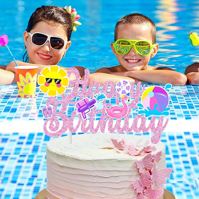 Pool Party Birthday Cake Topper Summer Pool Birthday Party Decorations Pink Glitter Summer Beach Happy Birthday Cake Topper Decorations for Boys Girls Summer Holiday Birthday Party Favor Supplies