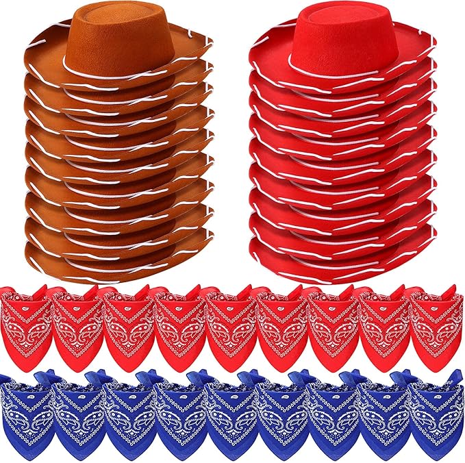 Unittype 18 Sets Cowboy Hats and Bandanas Bulk Kids Western Cowboy Costume Accessories Kids Party Supplies