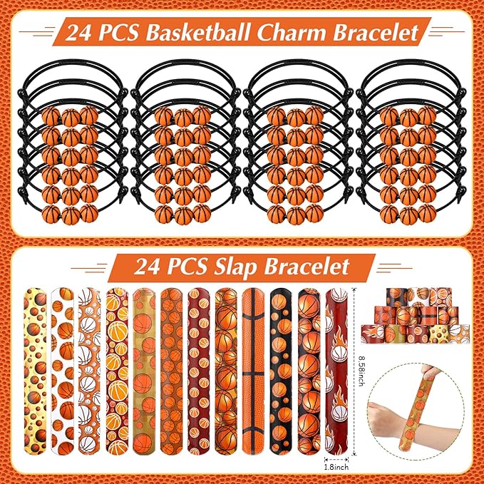 Aoriher 120 Pcs Basketball Sports Party Favors Set Serve 24, Basketball Goodie Bulk Foam Finger Mini Stress Ball Slap Bracelet Charm Bracelet Stamp for Girl Boy Kids Party Supplies
