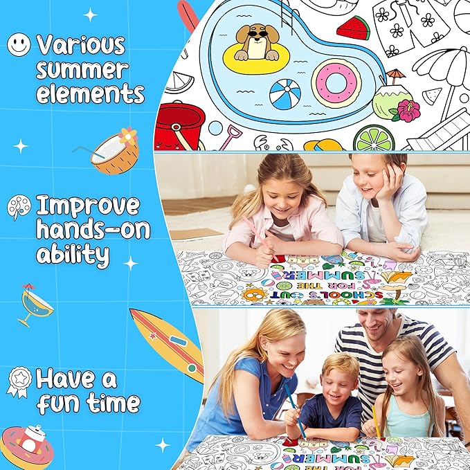 Jumbo End of the School Year Coloring Poster - School’s Out for the Summer DIY Drawing Color-in Paper Blank Art Banner 55.1 x 23.6 Inch Decor, Home Classroom Activity for Kids Party Supplies