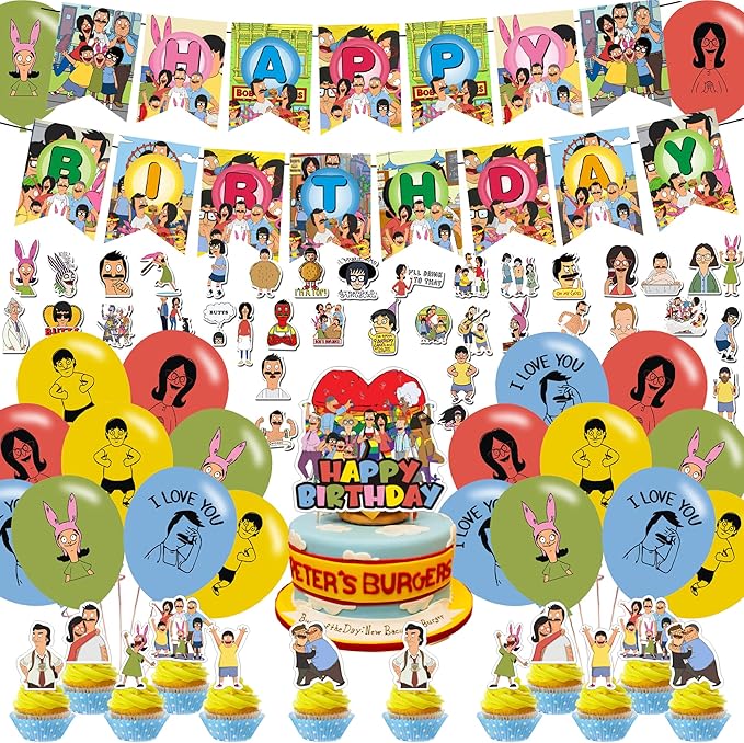 Bobs Burgers Party Decorations - Birthday Supplies with Banner, Cake Topper, 12 Cupcake Toppers, 18 Balloons, 50 Stickers