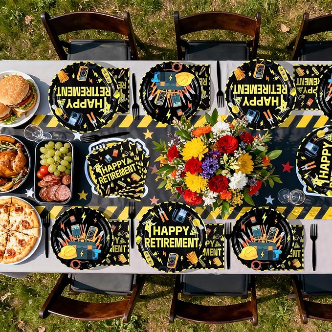 96Pcs Electrician Retirement Party Decorations Power Electrician Retired Lineman Plates and Napkins Tableware Set Wire Gloves Bulb Switch Theme Decor for Boys Man Farewell Party Supplies Serves 24