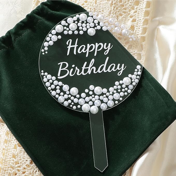 Coucoland Birthday Cake Topper - Round Acrylic Cake Decor with Elegant Pearls for Party Supplies