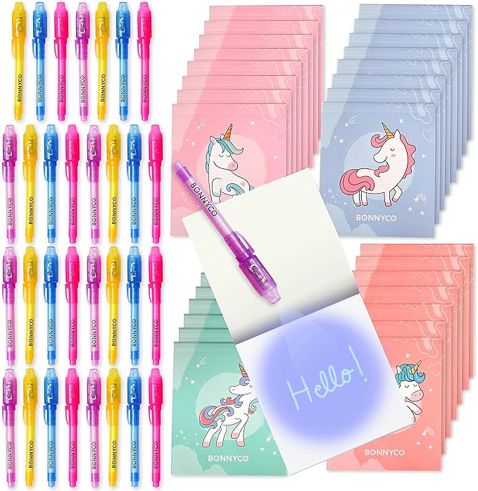 BONNYCO Invisible Ink Pen and Notebook Pack 32, Unicorn Party Favors for Kids. Magic Spy Pen Goodie Bags Stuffers for Kids, Unicorn Birthday Party Supplies. Goody Bag Stuffers, Return Gifts Prizes