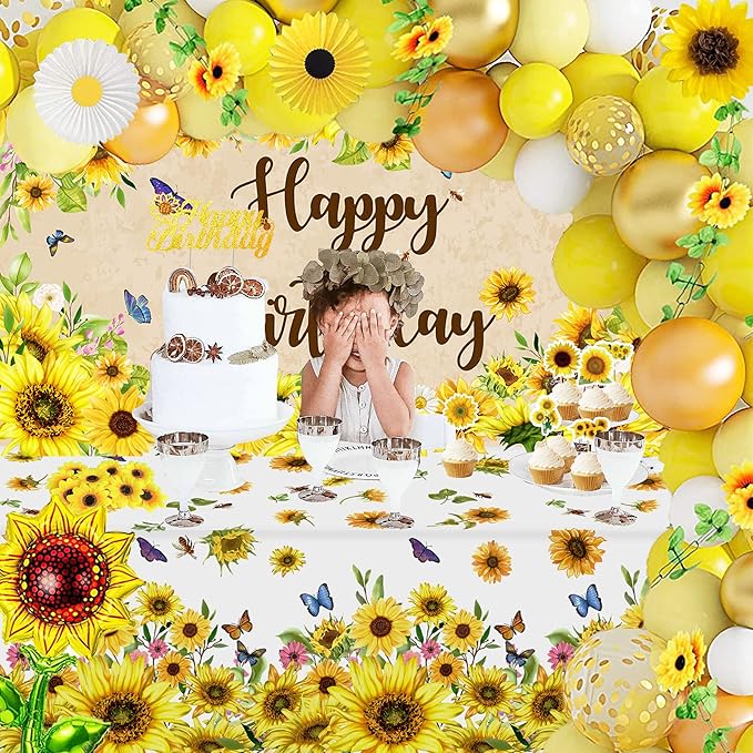Sunflower Birthday Party Decoration Pack 111 Pcs Baby Shower Party Supplies Wedding Decor include Backdrop Tablecloth Artificial Sunflower Garland Cake Topper Balloon Garland Arch Tissue Paper Flower