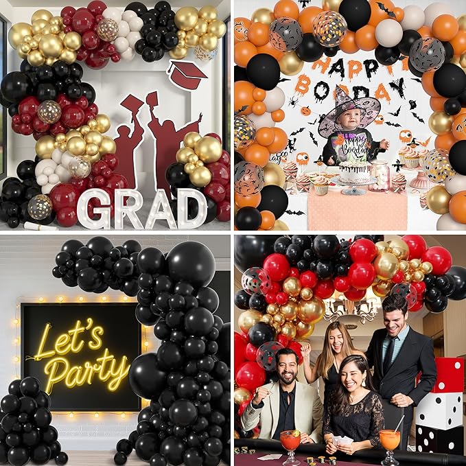 Amandir 153 Pcs Black Balloons Arch Garland Kit, Different Sizes 18 12 10 5 Inch Matte Black Latex Balloons for Retirement Graduation Casino Movie Night Men Birthday Shower Party Decorations