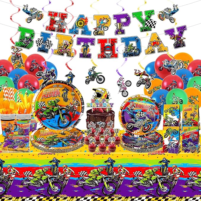 Dirt Bike Party Supplies, Includes Happy Birthday Banner, Plate, Napkin, Cups, Cake Toppers, Hanging Swirls, Tablecloth, for Kids Boys Girls Motorcycle Extreme Sports Birthday Decorations, Serve 20
