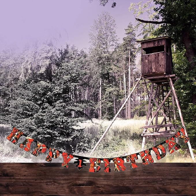 Havercamp Orange Next Camo "Happy Birthday" Party Banner | 1 Count | Great for Hunter Themed Party, Camouflage, Rustic, Nature, Military, Kids Birthday Party