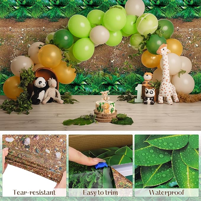 Kochorie 1 Roll 100 Ft x 54 Inch Forest Path Plastic Tablecloth Roll Safari Dinosaur Jungle Table Cover with Cutter Box for Birthday Baby Shower Party Supplies