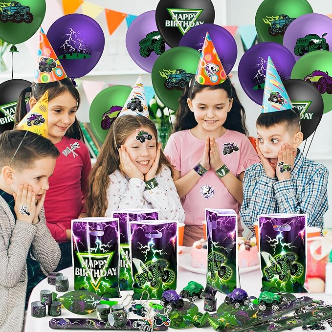 Haooryx Green Purple Monster Truck Party Favor - 122Pcs Monster Truck Slap Bracelets Sticker Blowouts Noisemaker Mini Vehicles Car Toy Keychain waith Gift Bag for Kids Birthday Party Goodie Bag Supply