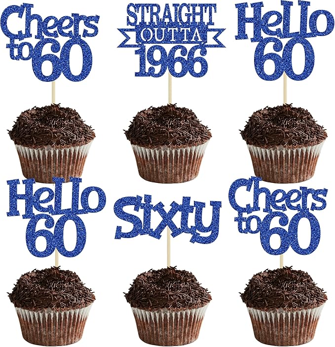 Ephlyn 24Pcs Happy 60th Birthday Cupcake Toppers Glitter Straight Outta 1966 Cupcake Picks Hello 60 Cheers to 60 Years Birthday Cake Decorations for 60th Birthday Anniversary Party Supplies Blue