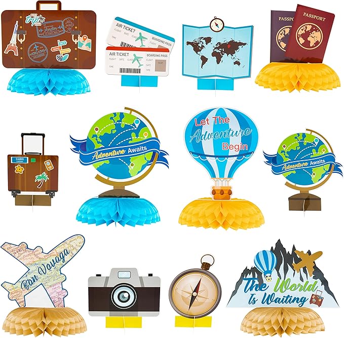 OSNIE 12Pcs Travel Themed Honeycomb Centerpieces Table Toppers Adventure Awaits Party Decor Travel Around The World Bon Voyage Table Decor Photo Props for Let The Adventure Begin Going Away Party