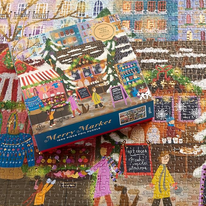 Galison Merry Market – 1000 Piece Foil Joy Laforme Jigsaw Puzzle Featuring Merry and Festive Outdoor Market for The Holidays with Gold Foil Accents