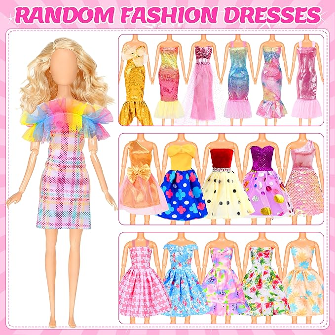 85 Pcs Doll Clothes and Accessories Kit, Include Princess Gowns, Fashion Skirts, Evening Dresseses, Tops, Pants, Bikini Swimsuits, Shoes, Crowns, Necklaces, Glasses in Gift Box for 11"-12" Dolls