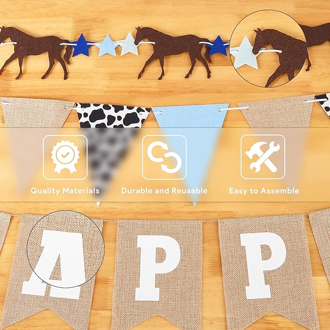 Horse Birthday Decorations – Happy Birthday Burlap Banner – Felt Horse Garland and Pennant Banner – Western Party Decorations - Horse Party Supplies