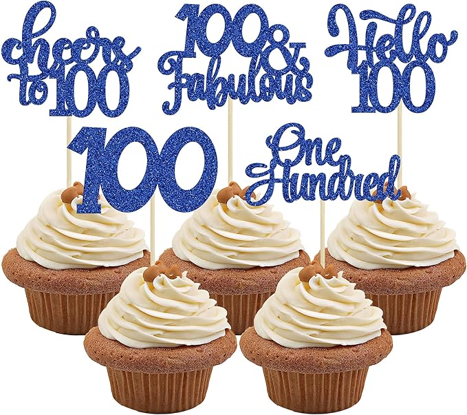 30Pcs Happy 100th Birthday Cupcake Toppers Deep Blue Glitter One Hundred Cheers to 100 Years Old Birthday Cupcake Picks for 100th Wedding Anniversary Party Cake Decorations