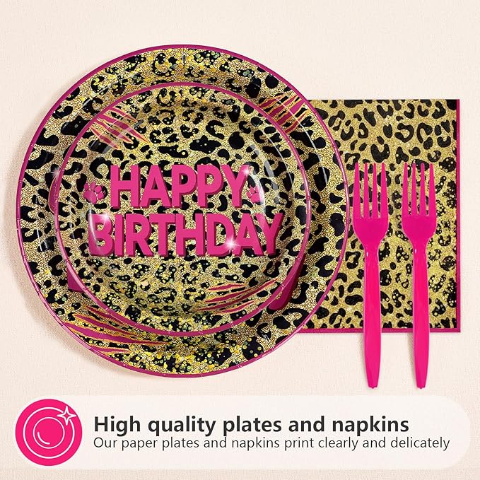 96Pcs Cheetah Print 18th Birthday Party Supplies Pink Animal Leopard Print Plates and Napkins Leopard Happy 18th Birthday Tableware Set for Girls Safari Animal Party Decorations Serves 24
