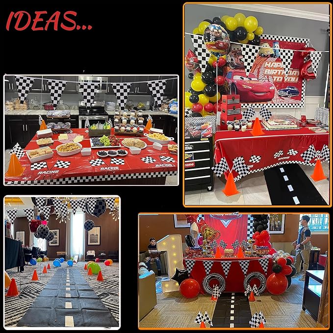 Racing Cars Birthday Decorations,Racecar Centerpiece Decoration - Orange Racing Cones(12), Checkered Flags (24), Plastic Tablecloth (54"x108"),Floor Runner,Banner Race Car Party(40pcs)