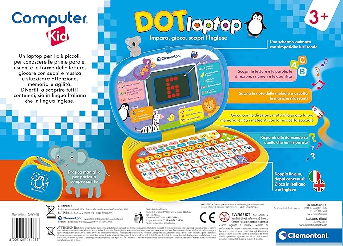 Clementoni - 16425 - Computer Kid DOT Laptop - Talking Electronic Educational Game, Kids Computer, Kids Laptop 3 Years, Technology for Kids, Portable, Batteries Included
