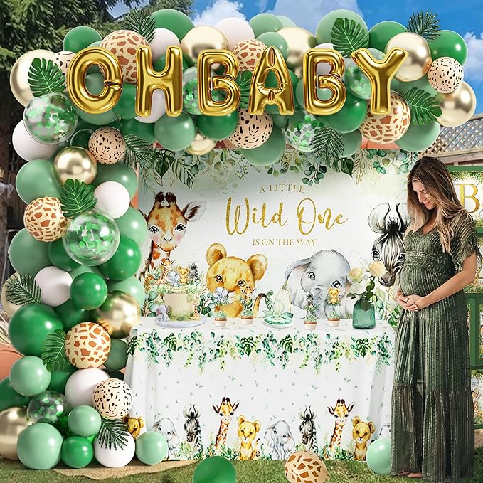 Safari First Birthday Decorations for Boy - 116 Pcs Wild One Birthday Decorations Jungle Theme Party Supplies with Balloon Arch Kit, Wild One Backdrop, Tablecloth and Baby Boxes (Green)