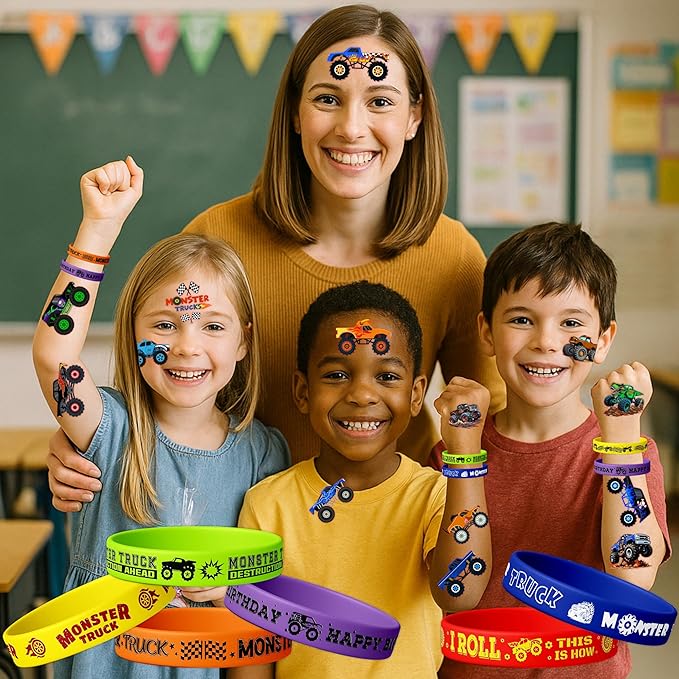 72PCS Monster Truck Party Favors for Kids - 48 Pre-Cut Temporary Tattoos & 24 Silicone Bracelets - Birthday Party Supplies, Goodie Bag Fillers, Carnival Prizes, Classroom Rewards for Boys & Girls