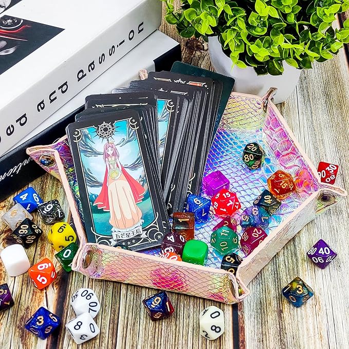 SIQUK 2 Pieces Mermaid Dice Tray PU Leather Dice Trays Portable Folding Hexagon Dice Roller Tray for Dice Games Like RPG, DND and Other Table Games (Violet, Light Violet)
