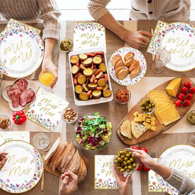 96Pcs Wildflower Bridal Shower Party Supplies Watercolor Floral Miss to Mrs Plates and Napkins Gold Foil Tableware Sets Bride to Be Decorations for Women Wedding Engagement Party Favor Serve 24