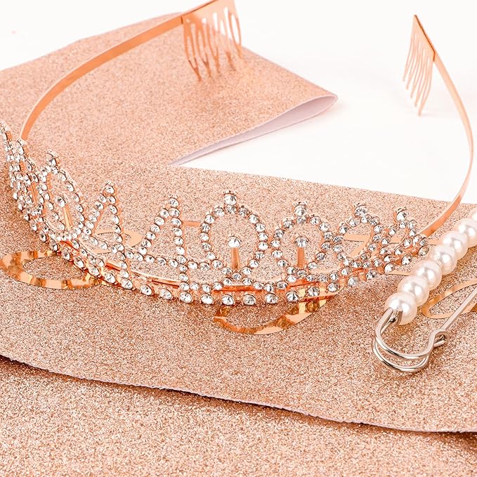 CIEHER 44th Birthday Crown & Sash Set + Pearl Pin, Fabulous 44 Birthday Tiara, Decorations & Gifts for Women