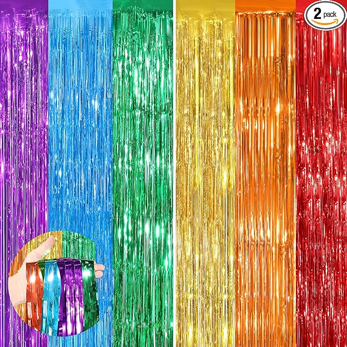 Rainbow Metallic Tinsel Foil Fringe Curtains Backdrop 2Pack 3.3x8.3Ft Party Streamers for Birthday Party Decorations Halloween Christmas Decors Foil Curtain Backdrop for Bachelorette Bridal Party