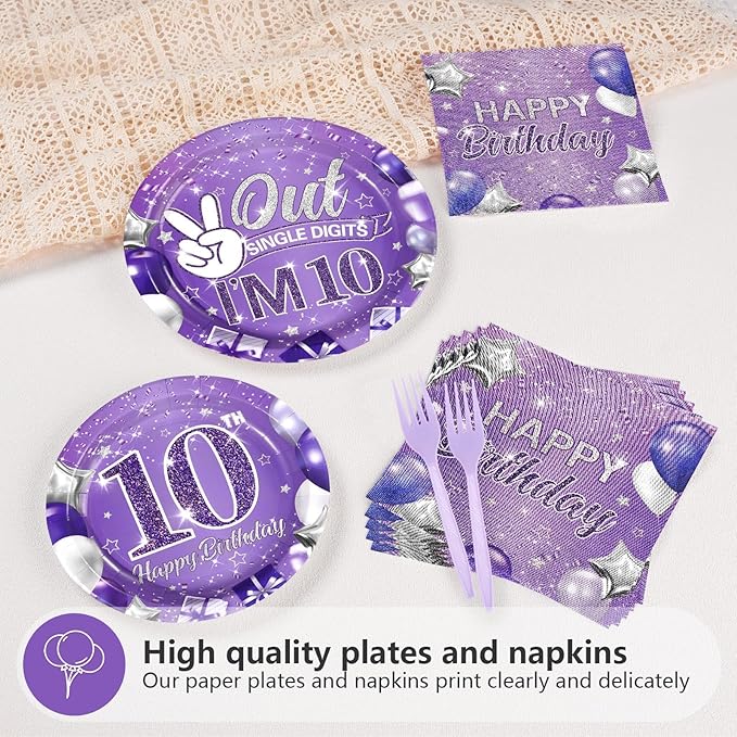 Grencian 96Pcs Purple 10th Birthday Decorations for Girls Purple 10th Birthday Plates and Napkins Disposable Glitter Out Single Digits I'm 10 Paper Tableware for 10 Years Old Party Supplies, Serves 24