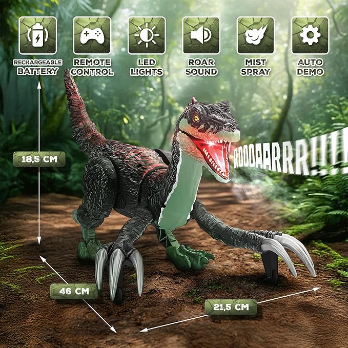 Remote Control Dinosaur Toy for Kids - RC Dinosaur - Walking Velociraptor Toy with Mist Spray, Lights & Roar - Birthday Gift Ideas for Boys and Girls 3-5 5-7 8-12 Year Old