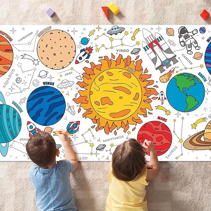 OHOME Space Giant Coloring Poster/Tablecloth - Space Themed Party Decorations - 30 x 72 Inches Jumbo Coloring Banner Kids Crafts Activities Decor Party Supplies