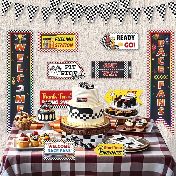 Race Car Birthday Party Decorations Race Car Hanging Banner Triangle Flag Welcome Race Fans Porch Yard Signs Decoration for Let's Go Racing Party Supplies Birthday Backdrop Photo Props Outdoor Decor