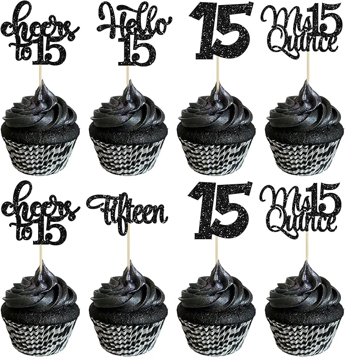 30Pcs 15th Birthday Cupcake Toppers Fifteen Cupcake Picks Cheers to 15 Years Old Mis Quince 15 Cake Decorations for 15th Birthday Anniversary Party Black Glitter