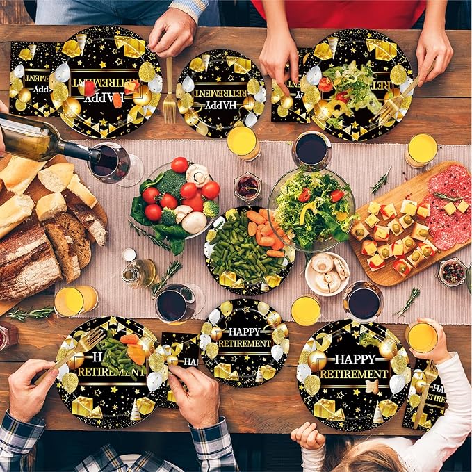 96 Pcs Retirement Party Plates and Napkins Set, Happy Retirement Party Supplies Decorations for Men Women Gold and Black Farewell Going Away Disposable Dinnerware Tableware Kit, Serves 24