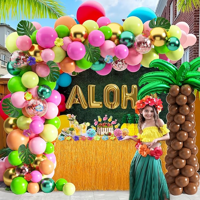 Hawaiian Luau Party Decoration Tropical Aloha Luau Balloons Arch Garland Kit Summer Beach Pool Party Supplies with Coconut Tree Shaped Balloon Set Table Skirt Cake Topper Palm Leaves and Hibiscus