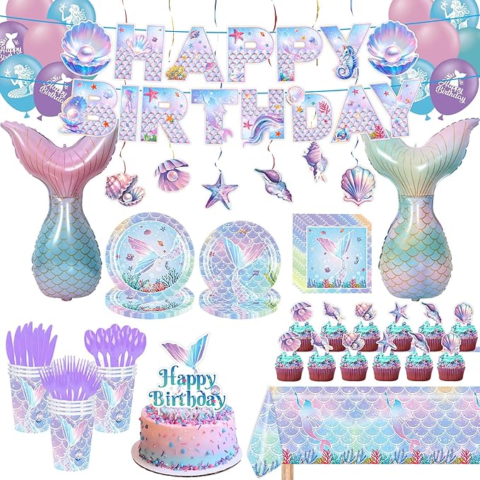 Mermaid Birthday Decorations Party Supplies Include Plates, Napkins, Cups, Cake & Cupcake Toppers, Tablecloth, Banner, Hanging Swirls, Balloons for Girls Mermaid Birthday Party