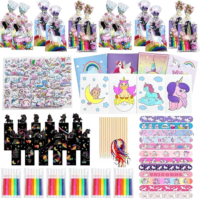 Unicorn Party Favors, 12 Pack Unicorn Birthday Party favors Supplies, Birthday Gifts Bags Coloring Books Slap Bracelets Stickers Bookmarks