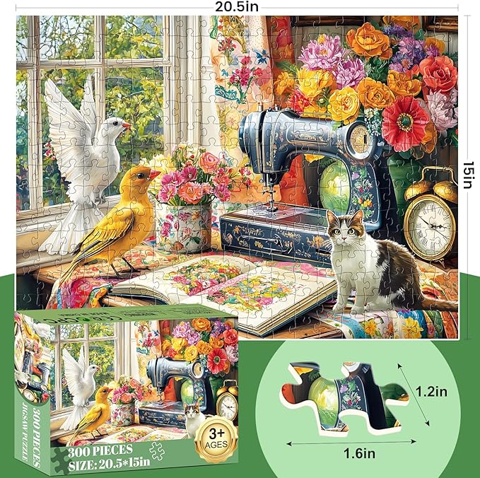 Puzzles 300 Pieces for Adults,Vintage Sewing Machine Cat Jigsaw Puzzle for Seniors Children, Large Piece Bird Vase Puzzle for Kids Age 8-10 10-12, Stitch Quilt Puzzles,Family Game Great Gift 20.5*15in