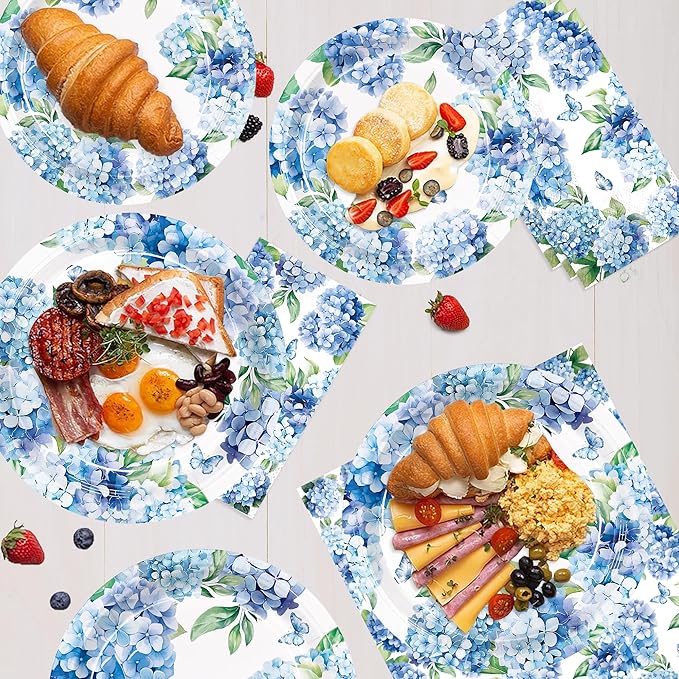150pcs Hydrangea Plates Napkins Hydrangea Party Supplies Floral Tableware Set for Summer Wedding Birthday Tea Party Supplies Serve 50 Guests