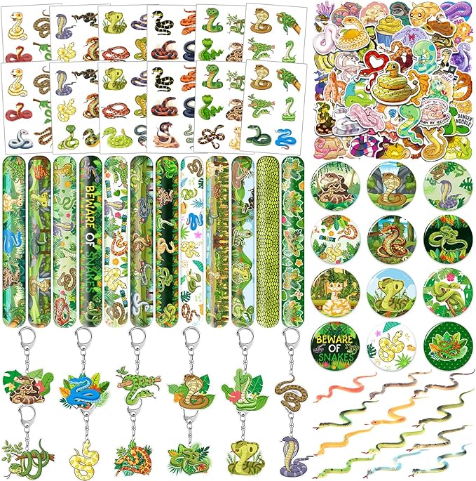 110 Pcs Snake Party Favors, Snake Temporary Tattoos Slap Bracelets Keychains Stickers Badges Snake Toy for Snake Birthday Party Decorations Supplies Gifts for Kids Classroom Rewards