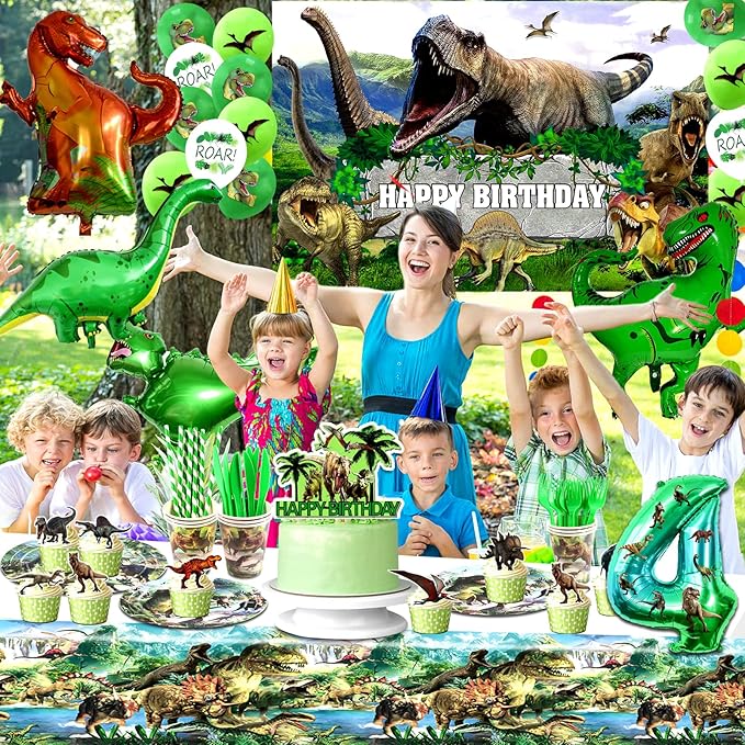 Dinosaur Birthday Decorations, Dino Birthday Party Supplies&Decorations 4 Year Old,Dinosaur Theme Party Decoration Set Include Banner Tablecloth Balloons Cake Toppers Plate Napkin for Kids Party