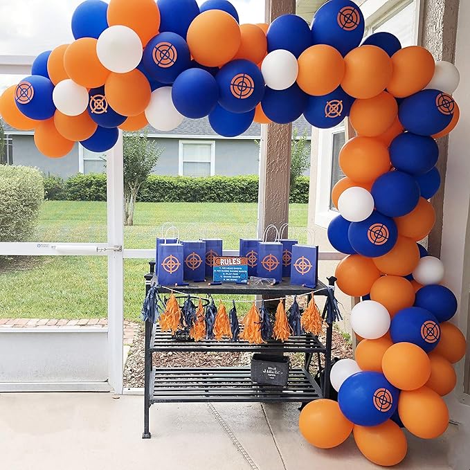 Dart War Party Balloon Garland Kit, 113Pack Blue Orange Black Balloons, Target Sign for Kids Baby Shower Birthday Party Decorations